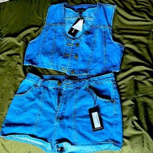 Pretty Little Thing Mid Blue Wash Denim Button Up Sleeveless Crop Top and Shorts